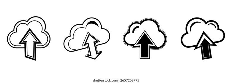 Un conjunto de cuatro iconos de almacenamiento en la nube isométricos simples, en blanco y negro.