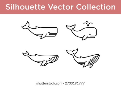 A set of four simple, black and white line art silhouettes of whales, showcasing different poses and features.