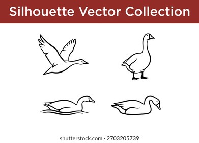 Un conjunto de cuatro simples líneas de arte en blanco y negro siluetas de gansos y patos en varias poses, incluyendo volar y nadar.
