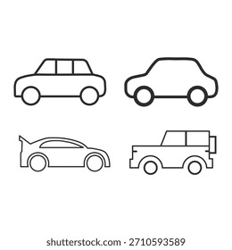 Conjunto de quatro simples ícones de contorno preto e branco que representam diferentes tipos de formas de veículos automóveis