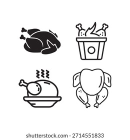 Conjunto de cuatro simples iconos de pollo blanco y negro para alimentos y diseños de restaurantes