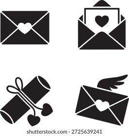 Um conjunto de quatro ícones simples em preto e branco com envelopes e corações para representar cartas de amor e mensagens românticas.