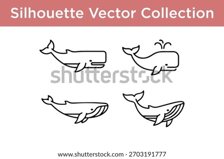 A set of four simple, black and white line art silhouettes of whales, showcasing different poses and features.