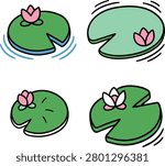 A set of four simple cartoon vector graphics showing green lily pads. Each pad is adorned with a small, blooming pink water lily or lotus flower.