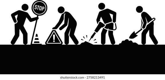 A set of four simple figures illustrating different roles in roadworks: a flagger, a warning sign placer, a jackhammer operator, and a shovel worker.