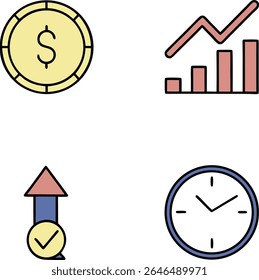 A set of four simple flat icons on a white background. The top left icon is a yellow coin with a dollar sign. The top right shows a pink bar chart with a rising line graph.  