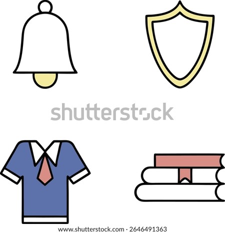 A set of four simple, flat icons with a transparent background. The icons depict a school uniform with a blue shirt and pink tie, a yellow shield, a yellow half-circle, and a pink ribbon banner.  
