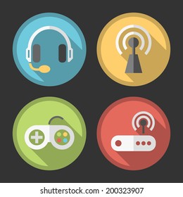 Set of Four Simple Flat Multimedia Icons on Circular Colored Minimal Buttons with Shadows (headphones, antenna, joystick and router) on Black Background.