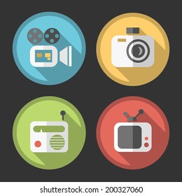 Set of Four Simple Flat Multimedia Icons on Circular Colored Minimal Buttons with Shadows (camera, video camera, radio and television) on Black Background.