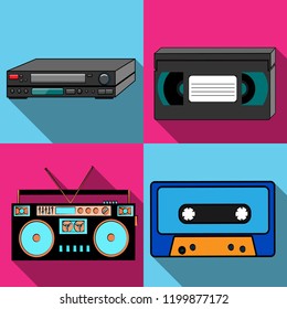 A set of four simple flat style icons with a long shadow from old retro vintage hipster antique electronics, tape recorder, audio tape, video player and VCR VHS video tape. Vector illustration.