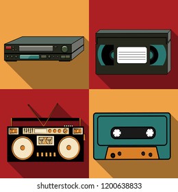 A set of four simple flat style icons with a long shadow from old retro vintage hipster antique electronics, tape recorder, audio tape, video player and VCR VHS video tape. Vector illustration.