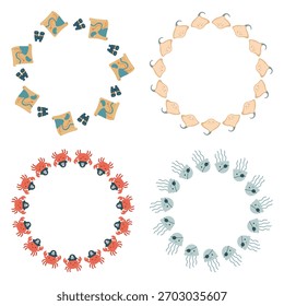 Set of four Simple Frames with pirate sea theme including maps, crabs, jellyfish and stingrays, playful marine collection perfect for kids adventure designs and nautical decor projects.