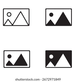 Conjunto de cuatro iconos geométricos simples del paisaje con las variaciones del sol de las montañas y del marco