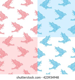 Set of four simple geometric mosaic patterns with cute birds in pink, blue and white colors. 
