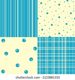 Set of four simple geometric seamless patterns with stripes and polka dot. Vector illustration.