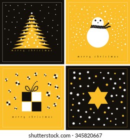 A set of four simple geometrical christmas cards, a triangle tree, a round snowman, a square gift box, and lots of stars and snow falling, in black and yellow