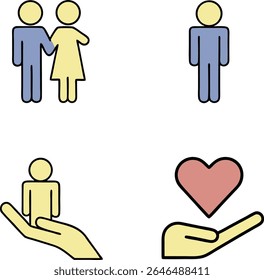 A set of four simple graphic icons on a white background. The top left shows a blue and yellow stick figure couple holding hands. The top right shows a single blue stick figure.  