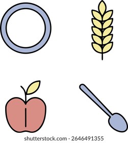 A set of four simple graphic icons on a white background. The icons include a light blue ring, a pale yellow wheat stalk, a pink apple with a yellow leaf, and a light blue spoon.