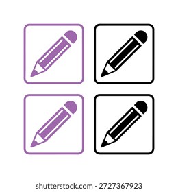 Set of four simple graphic icons representing writing and editing tools featuring two purple pencils within rounded square frames and two black pencils within square frames