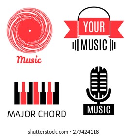 Set of four simple graphic monochrome music logotypes: record, microphone, piano keyboard, headphones