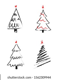 Set of four simple hand drawn christmas trees. Holiday vector illustration for postcards.