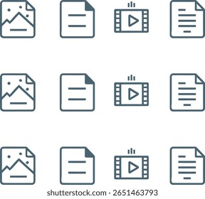 Um conjunto de quatro ícones de estilo simples, desenhados à mão, que representam diferentes tipos de arquivos: uma imagem, um documento com linhas, um player de vídeo e um documento com texto. Isolado no fundo branco.