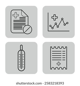 Set of four simple icons depicting medical documents and tools. Medical document and pill, data graph, thermometer and prescription list. Health and wellness concept