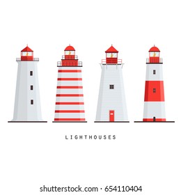 set of four simple illustrations of different lighthouses on white background