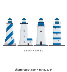 set of four simple illustrations of different blue lighthouses on white background