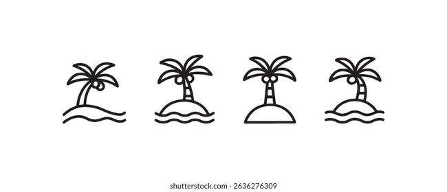 Set of four simple island and palm tree icons in black and white.