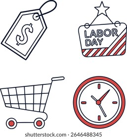 Un conjunto de cuatro iconos de arte de línea simple sobre un fondo blanco. Los íconos incluyen una etiqueta de Precio con un signo de dólar, un letrero que dice "Día del Trabajo"  