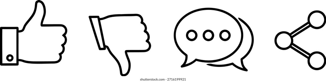Eine Reihe von vier einfachen Linien-Art-Icons, die soziale Medien-Interaktionen darstellen, darunter Daumen hoch, Daumen runter, Chat-Blase und Share-Symbol, die für digitale Kommunikation und Feedback verwendet werden.
