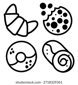 Conjunto de cuatro iconos de arte de línea simple que representan un croissant, una galleta mordida, una rosquilla y un rollo de canela sobre un fondo blanco