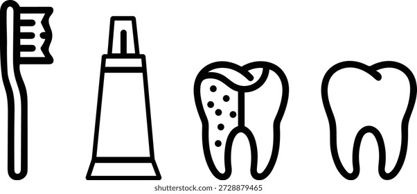 Conjunto de cuatro iconos de líneas simples que representan las herramientas de higiene oral y la salud de los dientes en aislamiento