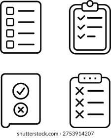 Set of four simple line art icons representing different types of lists and decisionmaking symbols