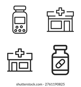 Set of four simple line art icons representing pharmacy and medicine, including two distinct pill bottles and two pharmacy building
