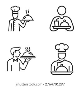 Set of four simple line art icons representing chefs and waiters serving food, showcasing professional culinary service and hospitality in a clean, modern, and minimalist graphic design style