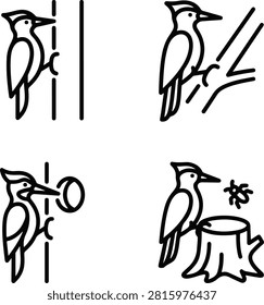 A set of four simple line art icons depicting woodpeckers in various forest activities on trees and stumps.