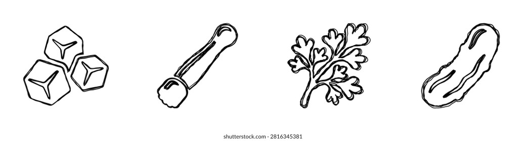 A set of four simple line art illustrations depicting ice cubes, a cocktail muddler, parsley, and a pickle spear
