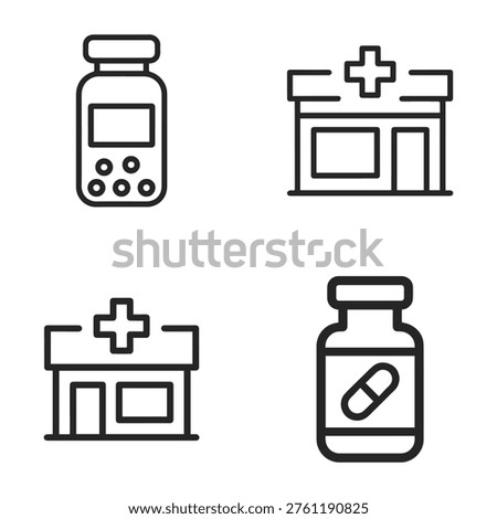 Set of four simple line art icons representing pharmacy and medicine, including two distinct pill bottles and two pharmacy building