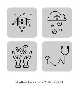 Set of four simple line icons representing various aspects of medicine. Digital health technology, medication, hands holding pills, and stethoscope alongside a heartbeat line