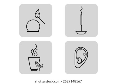 Set of four simple line icons depicting elements related to wellness. Includes leaf, incense stick, steaming cup, and sound therapy. Healing and relaxation concept