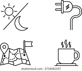 Un conjunto de cuatro iconos de línea simple que representan el sol y la luna tachados, enchufe eléctrico con relámpago, mapa con bandera y pin, y una taza de café humeante