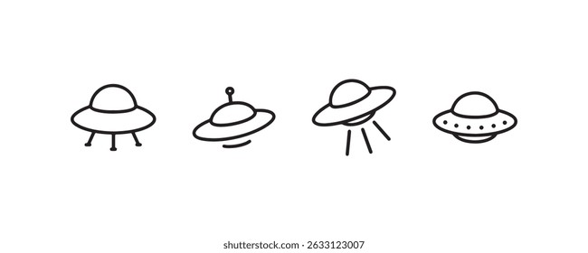 Conjunto de quatro ícones de ufo de linha simples sobre fundo branco.
