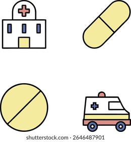 A set of four simple medical icons on a transparent background. The icons include a yellow capsule, a yellow pill with a dividing line, a stylized hospital cart with blue wheels and a pink base 