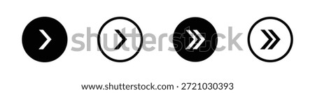 A set of four simple and modern icons for navigation and media control. The collection features two types of right-pointing arrows: a single chevron for "next" and a double chevron for "fast forward". Each arrow type is presented in two styles: a white arrow on a solid black circular background, and a black arrow within a white circle with a black outline. These minimalist icons are ideal for use in user interface design, websites, mobile applications, and other digital platforms requiring clear navigation elements.