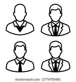 A set of four simple, modern line art style illustrations of businessmen icons in black and white, suitable for use in various professional and corporate designs.