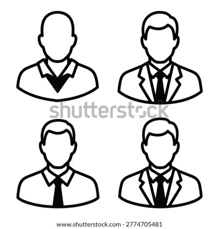 A set of four simple, modern line art style illustrations of businessmen icons in black and white, suitable for use in various professional and corporate designs.