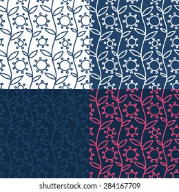 Set of four simple naive hand drawn seamless retro textile folk patterns with leaves and flowers, vector illustration