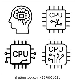 Conjunto de quatro ícones de estrutura de tópicos simples que representam inteligência artificial e cpus em um vetor de estilo gráfico claro